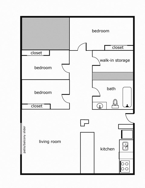 Floor plan for 3 beds, 1 bath, 989 sqft